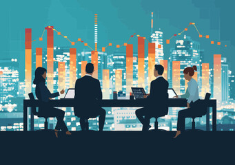 Poster - business team analyzing stock market trends in modern office at night with city skyline and charts