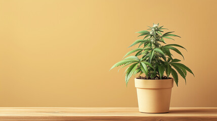 Cannabis plant in flower pot on wooden table