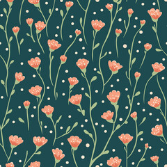 Wall Mural - Tiny blooming carnations flowers - seamless pattern on green background