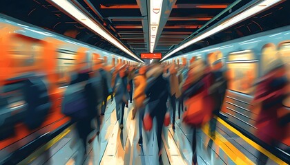 Wall Mural - vibrant urban rush hour scene in underground transit with blurred crowd of commuters and dynamic movement