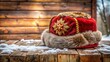 © Four888 - Traditional fur-lined ushanka winter hat with earflaps, adorned with intricate red and gold braiding, rests on a rustic wooden table against a snowy backdrop.