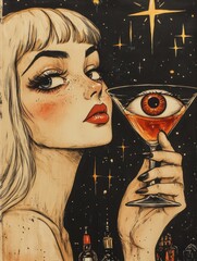 Vintage Illustration of woman holding a martini glass filled with blood and eyeball, black and white and orange colors. Retro, grunge Halloween poster, card, frame, background. 