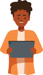 Poster - Smiling cartoon character is holding a tablet pc, isolated over white background