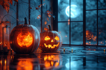 Poster - A sleek, minimalist Halloween display featuring glowing geometric pumpkins and abstract, metallic decor. Concept of contemporary holiday design.