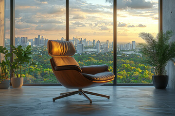 Fototapete - A sleek, ergonomic chair facing a large office window with a city view. Concept of modern business environments.