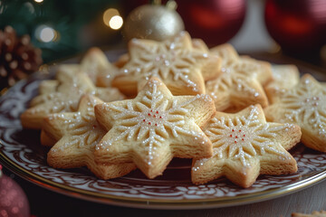 Poster - A plate of freshly baked sugar cookies shaped like stars and snowflakes. Concept of holiday baking.