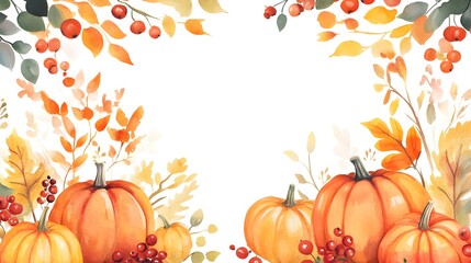 Wall Mural - Watercolor-style border illustration with autumnal pumpkins, berries, and leaves. Bright and colorful design, ideal for framing festive Thanksgiving invitations or seasonal holiday cards.
