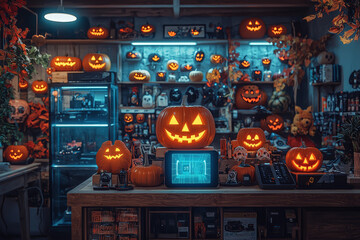 Poster - A Halloween-themed tech gadget store offering the latest in spooky smart home devices and digital decorations. Concept of tech-forward holiday shopping.