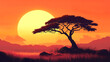 © Thiago - Acacia tree silhouette, rocks and plain grassland field against a setting sun. african savannah sunset landscape. wild nature, kenya panoramic view. black history month concept. Savannah. Illustration