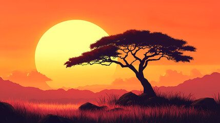 Acacia tree silhouette, rocks and plain grassland field against a setting sun. african savannah sunset landscape. wild nature, kenya panoramic view. black history month concept. Savannah. Illustration