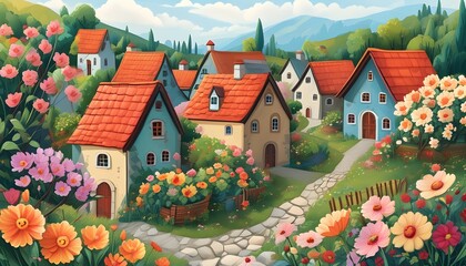 Wall Mural - charming village illustration adorned with blooming flowers and whimsical architecture