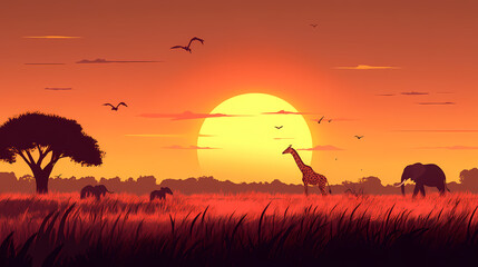 an african savanna sunset, featuring elephant, giraffe, and lion silhouettes against the horizon. sa