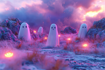 Aufkleber - A contemporary Halloween art piece depicting a digital ghost floating through an abstract, neon-lit landscape. Concept of modern holiday art.