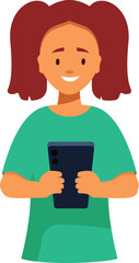 Poster - young girl is holding her smartphone, playing a game or using a social media app