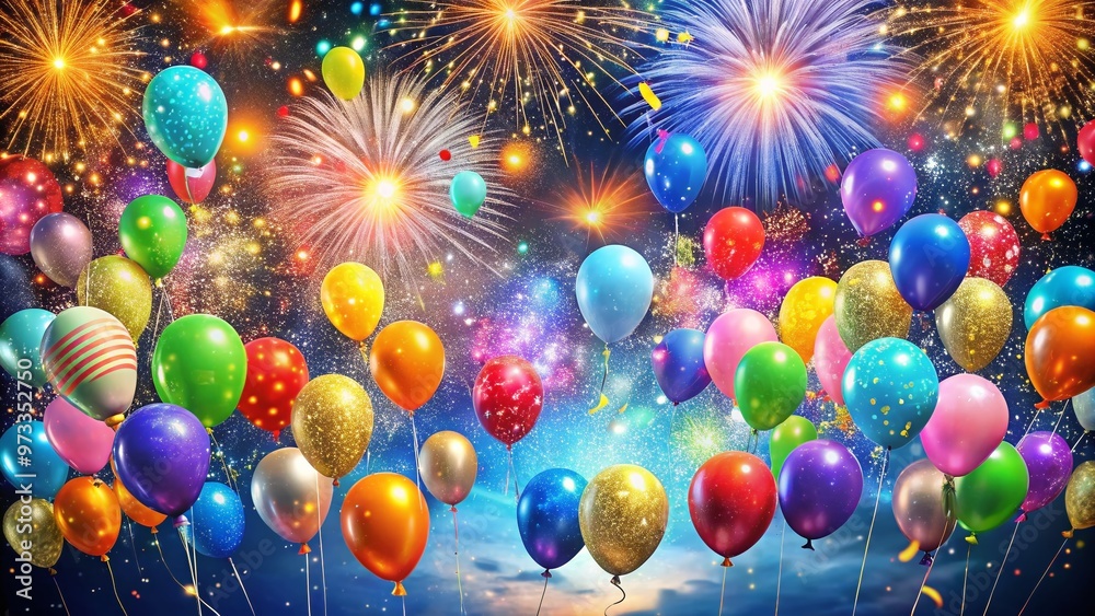 Vibrant confetti and balloons fill the air as glittering fireworks ...