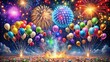 © Four888 - Vibrant confetti and balloons fill the night sky as a shining 2025 numerical display glows brightly, surrounded by festive fireworks, celebrating a joyful new year.