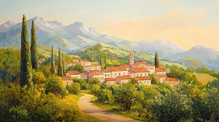 A serene oil painting of a small Mediterranean town, set against a backdrop of mountains and clear skies.