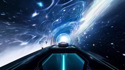 Poster - Futuristic spaceship is entering a wormhole, creating a mesmerizing display of light and energy as it travels through the vast expanse of space