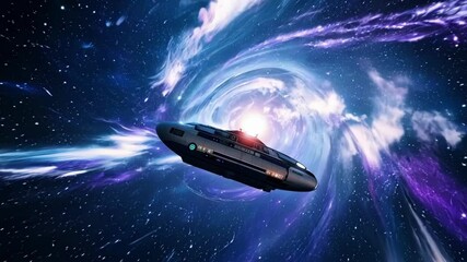 Poster - Futuristic spaceship is entering a wormhole in deep space, surrounded by stars and nebulae. This image evokes interstellar travel and the mysteries of the universe
