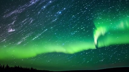 Poster - Vivid green aurora borealis is illuminating the night sky, with countless stars creating trails as they move through the atmosphere