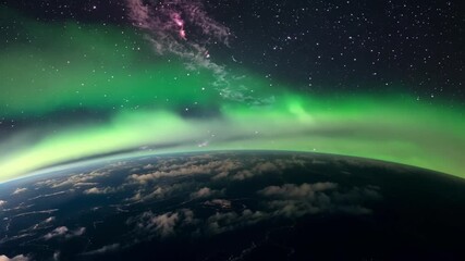 Aufkleber - Mesmerizing green aurora borealis illuminates earth from space, dancing across the starry sky in a magical view of our planet