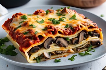 Gourmet Wild Mushroom Lasagna with Creamy Cheese Layers on Elegant White Background