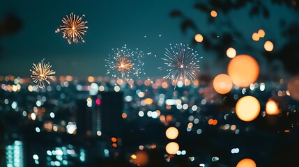 Poster - A soft, glowing fireworks over the cityscape with a clear, open sky for text 