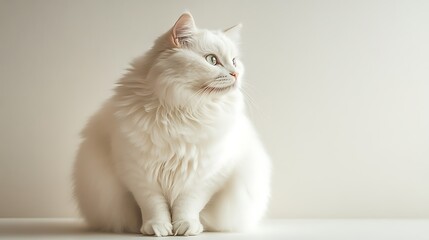 Full-body image of a fat white cat sitting on a light-colored surface, fur and body shape in sharp detail with the entire frame brightly lit