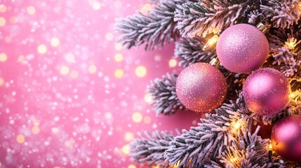 Festive Christmas tree with decorations with glittery baubles, frosted evergreen branches, illuminated by warm lights on a blur background. Merry Christmas banner and poster