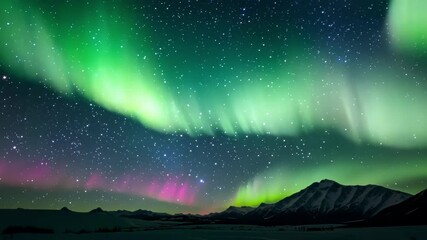 Poster - Stunning image of green and purple northern lights dancing above snowy mountains, creating a magical winter landscape. Perfect for nature lovers seeking wonder and adventure