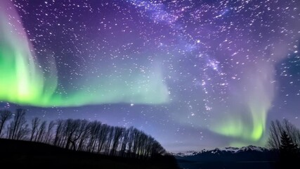 Aufkleber - The night sky is filled with stars and the milky way, hanging over a mountain range and forest, creating a serene and awe inspiring scene