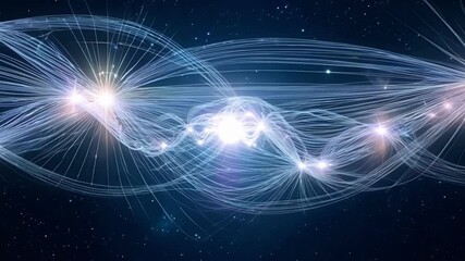 Aufkleber - Bright white lines intertwine in a mesmerizing wave pattern on a deep blue backdrop with twinkling stars, evoking cosmic connection and futuristic energy in a galaxy