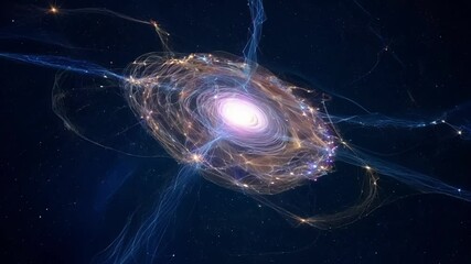 Poster - Bright spiral galaxy is surrounded by a network of connections, suggesting communication and data transfer across vast distances in space