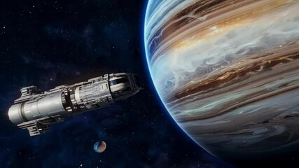 Poster - Futuristic spaceship orbits jupiter in a vast universe with stars and galaxies, capturing space exploration and sci fi