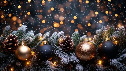 Festive Christmas tree with decorations with glittery baubles, frosted evergreen branches, illuminated by warm lights on a blur background. Merry Christmas banner and poster