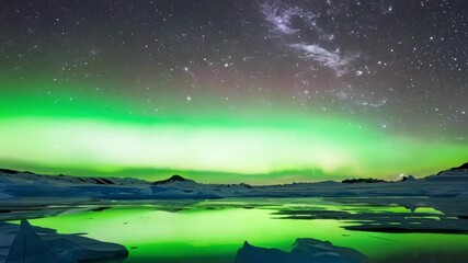 Aufkleber - Mesmerizing green aurora borealis illuminating night sky over frozen landscape of icebergs and snow covered mountains, creating breathtaking spectacle of nature's beauty