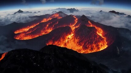 Aufkleber - Mesmerizing aerial view of a volcano erupting at night, with lava cascading down its sides, creating a fiery spectacle
