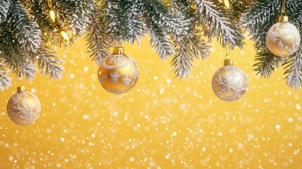 Festive Christmas tree with decorations with glittery baubles, frosted evergreen branches, illuminated by warm lights on a blur background. Merry Christmas banner and poster