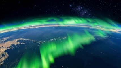 Aufkleber - Mesmerizing green aurora borealis dances over earth from space, creating breathtaking cosmic spectacle. Night sky painted with vibrant glow, showcasing beauty of nature in universe