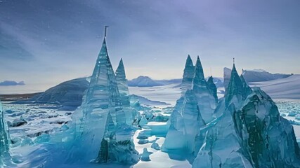 Aufkleber - Glistening turquoise ice formations creating long blue shadows on the snow under the bright winter sun, painting a stunning picture of the icy landscape