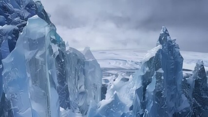 Aufkleber - Slowly forming icy peaks in majestic arctic landscape with cloudy sky, sharp glacial formations reflect global warming effects. Beauty and fragility of remote icy wilderness