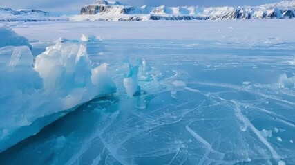 Aufkleber - Icebergs are floating on a melting glacial ice sheet with a beautiful turquoise blue color in the arctic ocean. The snowy mountains of a remote island are visible in the background