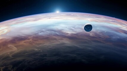 Poster - Mesmerizing alien planet orbits a bright star in space, with celestial gas and clouds creating a dreamy landscape. Perfect for space enthusiasts, this colorful image inspires wonder and curiosity