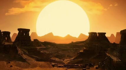 Poster - Alien sun is setting on a distant planet, casting an orange glow over ancient ruins. The sky is a fiery orange and yellow, and the ground is covered in sand