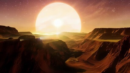 Poster - The sun sets on a distant planet, casting a warm orange glow over red canyons under a starry sky, creating an otherworldly scene that sparks imagination and wonder
