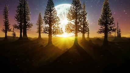 Aufkleber - Massive moon rises above a lush alien planet at sunset, creating a surreal and tranquil scene straight out of a science fiction fantasy