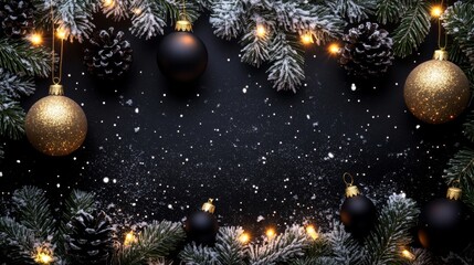 Festive Christmas tree with decorations with glittery baubles, frosted evergreen branches, illuminated by warm lights on a blur background. Merry Christmas banner and poster