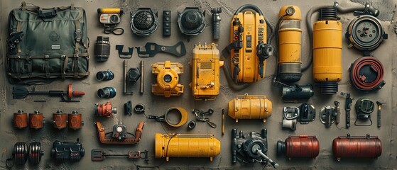 A flat lay image of various Industrial safety equipment 