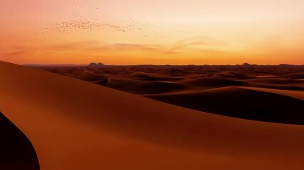 Poster - Birds gracefully glide over a desert horizon at sunset, with a colorful sky backdrop. The arid climate adds to the wilderness beauty, perfect for adventure
