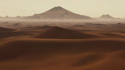 Poster - Endless sand dunes create mesmerizing patterns under a hazy sky in a vast desert landscape, resembling an alien planet with mountains in the distance